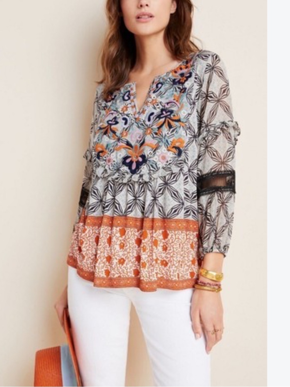 Anthropologie Terri Embroidered Mixed Print Top Floral Lace Detail Size XS